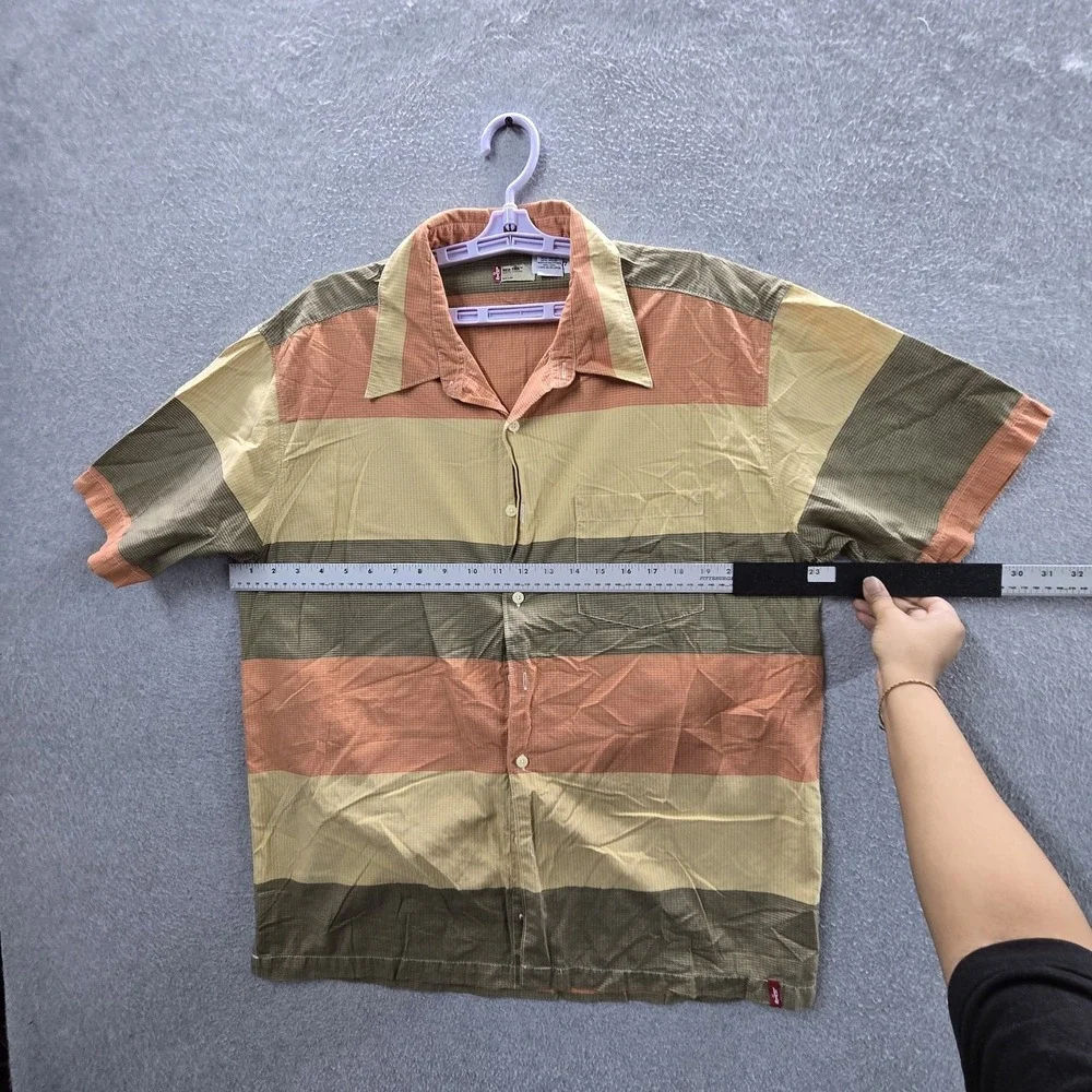 VINTAGE Levi's Men Button Up Shirt L Tan Cotton Striped Rugby Skater Grunge Y2K
